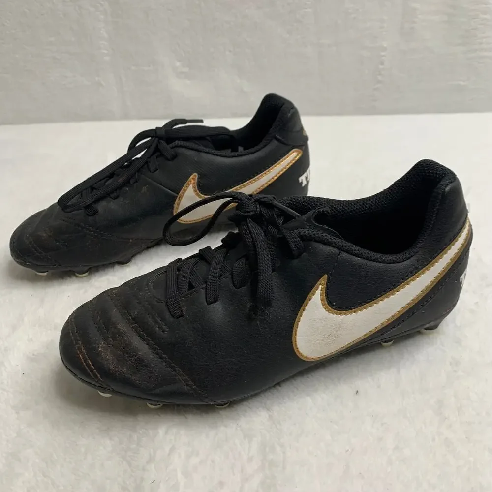 Nike Tiempo Rio III FG Boys Sz 1 Youth Soccer Cleats Black White Gold Leather